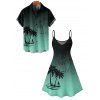 Vacation Couple Outfit Palm Tree Pattern Ombre Spaghetti Strap V Neck A Line Mini Tank Dress and Button Up Shirt Casual Matching Outfit - Vert profond S | US 4