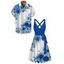 Vacation Couple Outfit Floral Leaf Pattern Contrast Color Crossover Surplice Belt Dress and Button Up Shirt Casual Matching Outfit - Bleu S | US 4