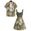 Vacation Couple Outfit Tropical Plant Leaf Pattern Ruched Bust Belt Sweetheart Neck A Line Mini Dress and Button Up Shirt Beach Matching Outfit - Vert profond S | US 4