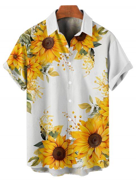 Chemise de vacances à motif de feuilles de tournesol pour homme, chemise décontractée à manches courtes et boutonnée et retroussable