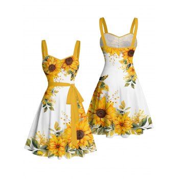 Sunflower Leaf Pattern Ruched Bust Belt Vacation Dress Sweetheart Neck A Line Mini Casual Dress