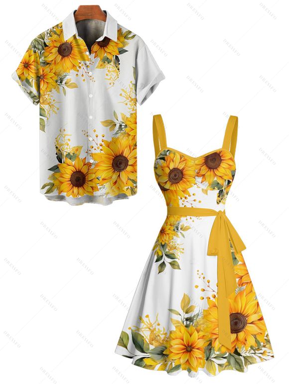 Vacation Couple Outfit Sunflower Leaf Pattern Ruched Bust Belt Sweetheart Neck Dress and Button Up Shirt Casual Matching Outfit - Jaune S | US 4