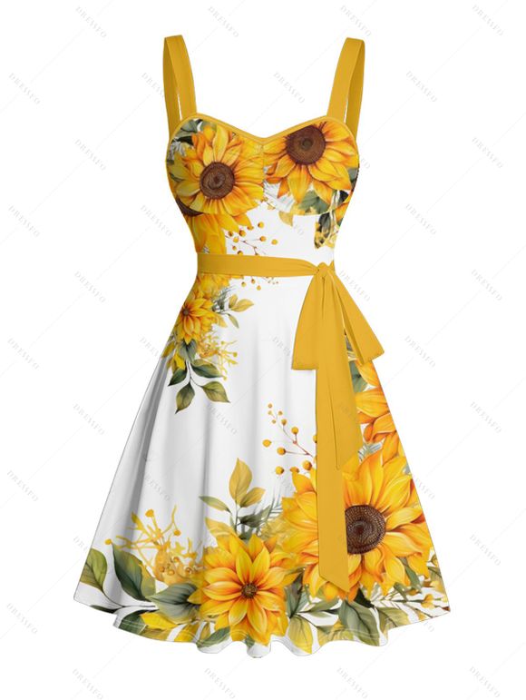 Robe de vacances à motif de feuilles de tournesol, buste froncé, ceinture, col en cœur, robe trapèze mini décontractée - Jaune L | US 8-10