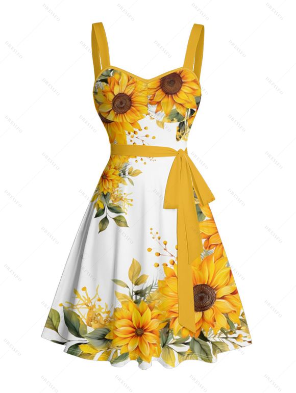 Vacation Couple Outfit Sunflower Leaf Pattern Ruched Bust Belt Sweetheart Neck Dress and Button Up Shirt Casual Matching Outfit - Jaune S | US 4