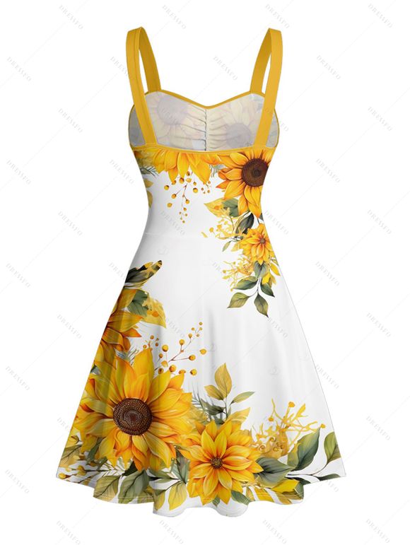 Vacation Couple Outfit Sunflower Leaf Pattern Ruched Bust Belt Sweetheart Neck Dress and Button Up Shirt Casual Matching Outfit - Jaune S | US 4