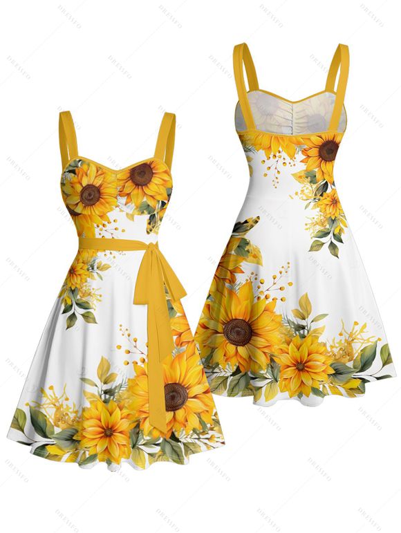 Vacation Couple Outfit Sunflower Leaf Pattern Ruched Bust Belt Sweetheart Neck Dress and Button Up Shirt Casual Matching Outfit - Jaune S | US 4