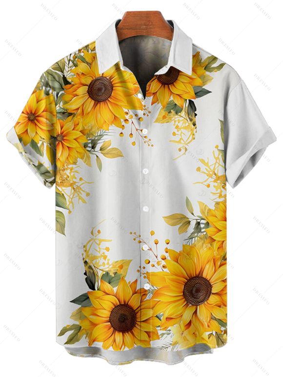 Chemise de vacances à motif de feuilles de tournesol pour homme, chemise décontractée à manches courtes et boutonnée et retroussable - Jaune 5XL