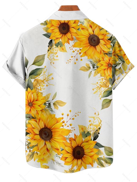 Vacation Couple Outfit Sunflower Leaf Pattern Ruched Bust Belt Sweetheart Neck Dress and Button Up Shirt Casual Matching Outfit - Jaune S | US 4