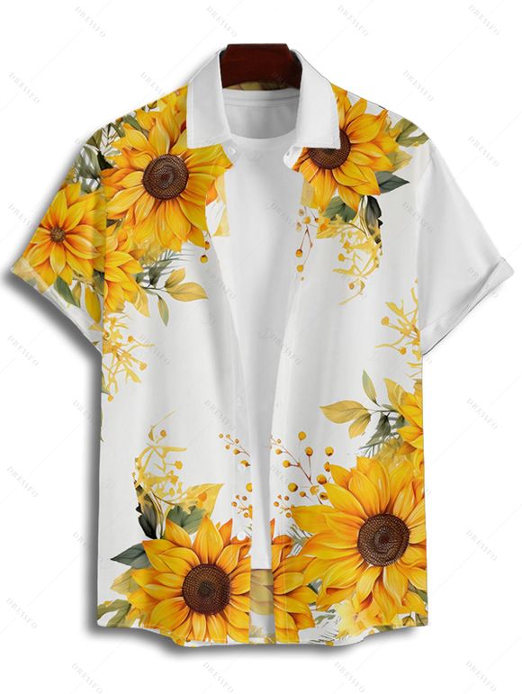 Vacation Couple Outfit Sunflower Leaf Pattern Ruched Bust Belt Sweetheart Neck Dress and Button Up Shirt Casual Matching Outfit - Jaune S | US 4