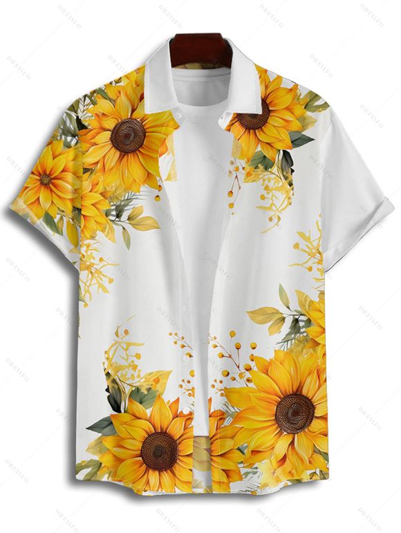 Chemise de vacances à motif de feuilles de tournesol pour homme, chemise décontractée à manches courtes et boutonnée et retroussable - Jaune 4XL