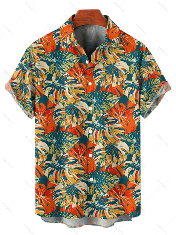 Chemise à manches retroussables et imprimé floral pour homme, chemise boutonnée à manches courtes - Vert profond 5XL