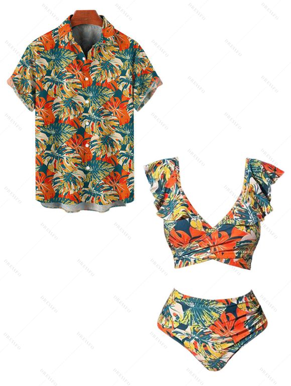 Tropical Floral Pattern Crossover Ruffle Bowknot Beach Tankini Swimsuit and Roll Up Sleeve Shirt Outfit - Vert profond S | US 4