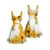 Robe de vacances à motif de feuilles de tournesol, buste froncé, ceinture, col en cœur, robe trapèze mini décontractée - Jaune L | US 8-10