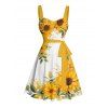 Robe de vacances à motif de feuilles de tournesol, buste froncé, ceinture, col en cœur, robe trapèze mini décontractée - Jaune L | US 8-10