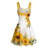 Robe de vacances à motif de feuilles de tournesol, buste froncé, ceinture, col en cœur, robe trapèze mini décontractée - Jaune L | US 8-10