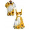 Vacation Couple Outfit Sunflower Leaf Pattern Ruched Bust Belt Sweetheart Neck Dress and Button Up Shirt Casual Matching Outfit - Jaune S | US 4