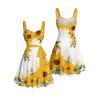 Vacation Couple Outfit Sunflower Leaf Pattern Ruched Bust Belt Sweetheart Neck Dress and Button Up Shirt Casual Matching Outfit - Jaune S | US 4