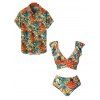 Tropical Floral Pattern Crossover Ruffle Bowknot Beach Tankini Swimsuit and Roll Up Sleeve Shirt Outfit - Vert profond S | US 4