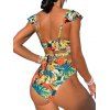 Tropical Floral Pattern Crossover Ruffle Bowknot Beach Tankini Swimsuit and Roll Up Sleeve Shirt Outfit - Vert profond S | US 4