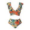 Tropical Floral Pattern Crossover Ruffle Bowknot Beach Tankini Swimsuit and Roll Up Sleeve Shirt Outfit - Vert profond S | US 4