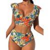 Tropical Floral Pattern Crossover Ruffle Bowknot Beach Tankini Swimsuit and Roll Up Sleeve Shirt Outfit - Vert profond S | US 4