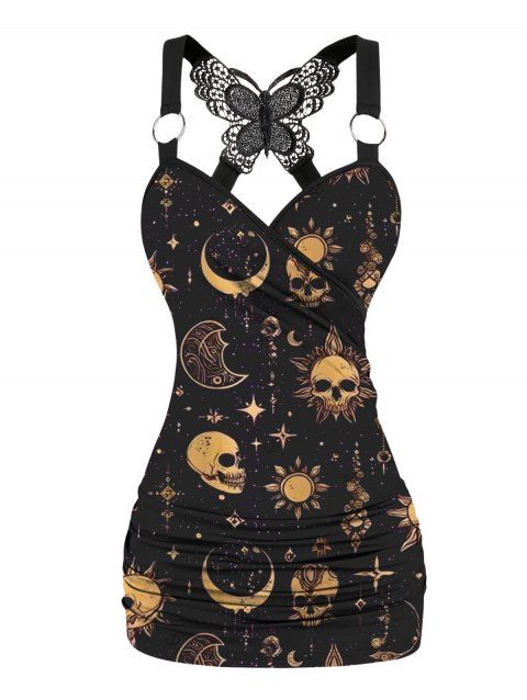 Débardeur gothique en dentelle avec motif céleste, soleil, lune, étoiles, crânes, papillons, bretelles à anneau en O, haut long