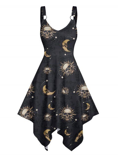 Robe gothique à motif céleste, soleil, lune, étoiles, crânes, bretelles en O, ourlet asymétrique, taille haute, col en V, robe de vacances mi-longue