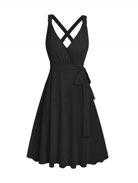 Robe mi-longue trapèze décontractée à ceinture croisée de couleur unie, col plongeant, taille haute