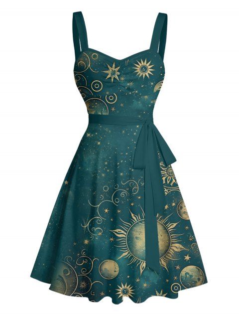 Robe vintage à motif céleste soleil, étoile et lune, buste froncé, ceinture, décolleté en cœur, coupe trapèze, mini robe de vacances