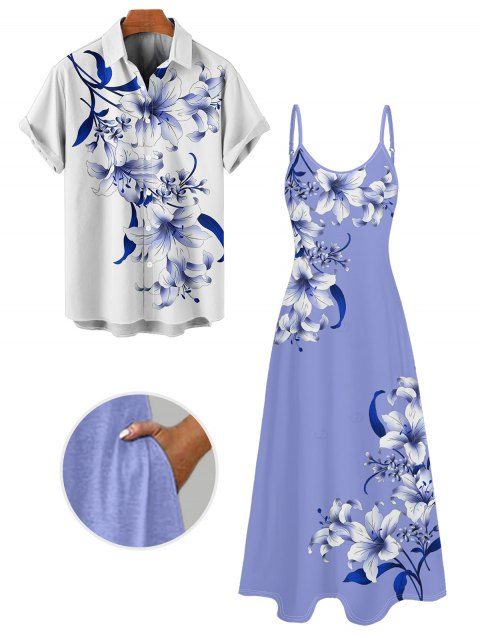 Vacation Couple Outfit Lily Floral Leaf Pattern Pocket Spaghetti Strap A Line Long Tank Dress and Button Up Shirt Casual Matching Outfit