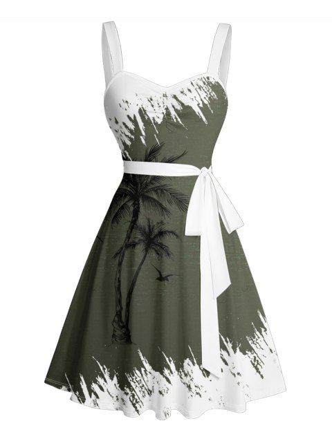 Robe de vacances à motif de cocotiers de couleur contrastée, ceinture à buste froncé, col en cœur, mini robe décontractée trapèze