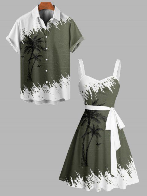 Vacation Couple Outfit Contrast Color Coconut Tree Pattern Ruched Bust Belt Dress and Button Up Shirt Casual Matching Outfit