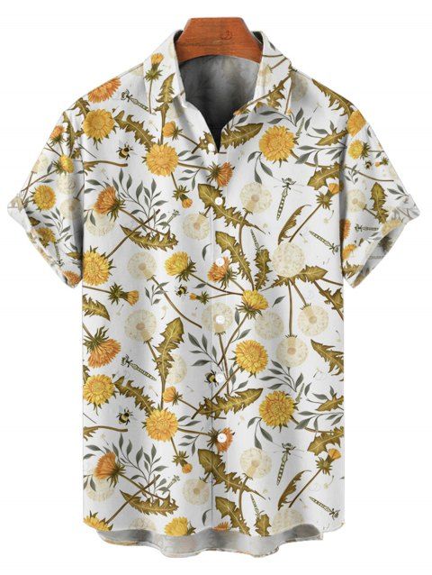Chemise de vacances pour homme à motif de feuilles de pissenlit, boutonnée, retroussée, manches courtes, décontractée