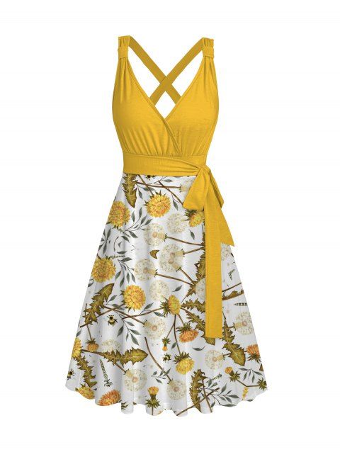 Robe de vacances mi-longue décontractée à imprimé feuilles de pissenlit et ceinture croisée, col plongeant, taille haute, coupe trapèze