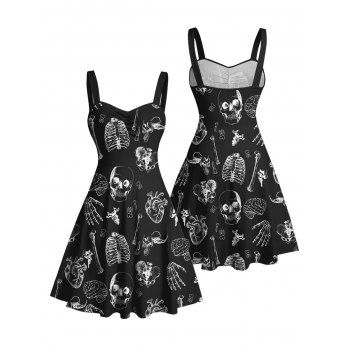 Skulls Skeleton Hand Heart Pattern Ruched Bust Belt Gothic Dress Sweetheart Neck A Line Mini Halloween Dress