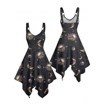 Celestial Sun Moon Star Skulls Pattern O Ring Strap Gothic Dress Asymmetrical Hem High Waisted V Neck Midi Holiday Dress