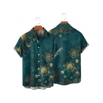 Men's Celestial Sun Star Moon Pattern Vintage Shirt Button Up Roll Up Short Sleeve Vacation Shirt