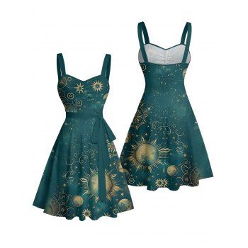Celestial Sun Star Moon Pattern Ruched Bust Belt Vintage Dress Sweetheart Neck A Line Mini Vacation Dress
