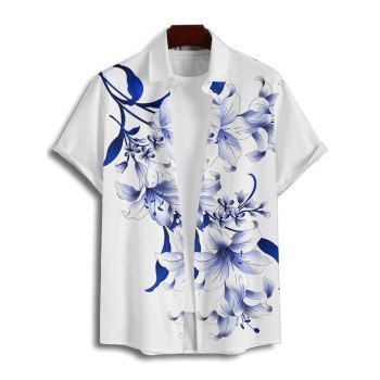 Men's Lily Floral Leaf Pattern Vacation Shirt Button Up Roll Up Short Sleeve Casual Shirt