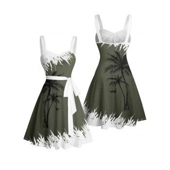 Contrast Color Coconut Tree Pattern Ruched Bust Belt Vacation Dress Sweetheart Neck A Line Mini Casual Dress