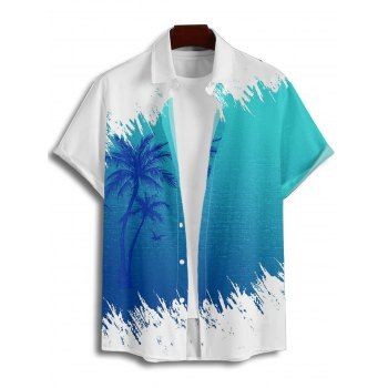 Vacation Couple Outfit Contrast Color Coconut Tree Pattern Ruched Bust Belt Dress and Button Up Shirt Casual Matching Outfit