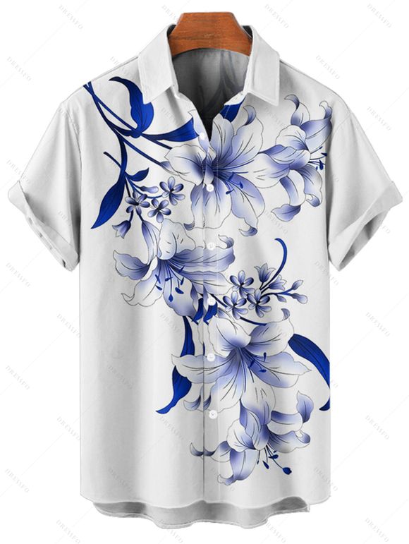 Chemise de vacances à motif floral et feuilles de lys pour homme, chemise décontractée à manches courtes et boutonnée et retroussable - Bleu profond 5XL