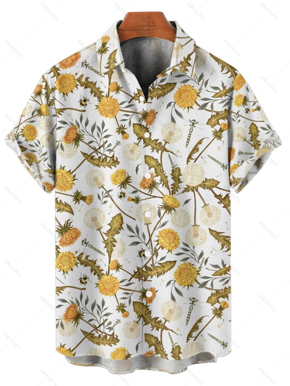 Chemise de vacances pour homme à motif de feuilles de pissenlit, boutonnée, retroussée, manches courtes, décontractée - Jaune 5XL