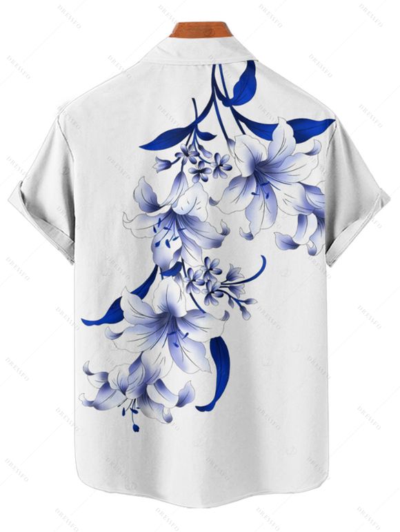 Chemise de vacances à motif floral et feuilles de lys pour homme, chemise décontractée à manches courtes et boutonnée et retroussable - Bleu profond 4XL
