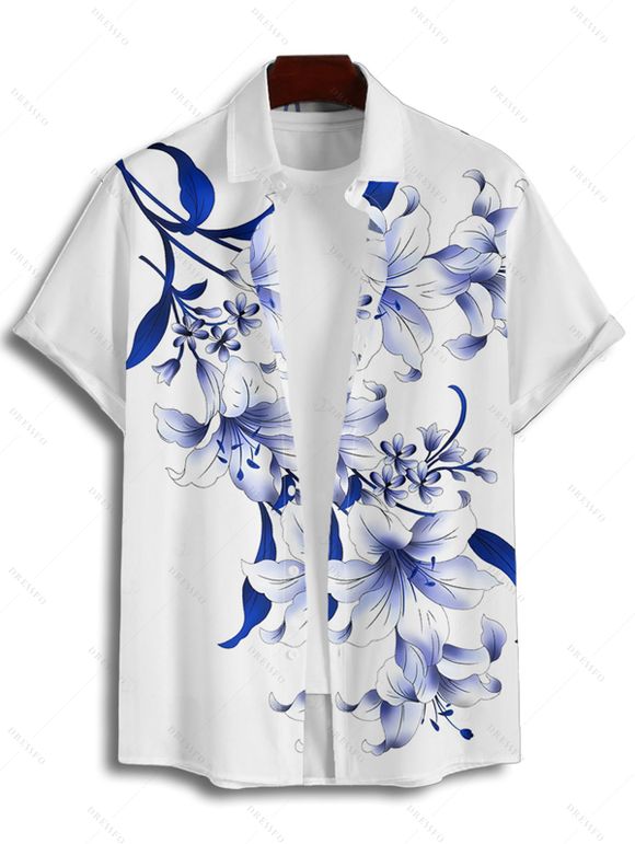 Chemise de vacances à motif floral et feuilles de lys pour homme, chemise décontractée à manches courtes et boutonnée et retroussable - Bleu profond 4XL