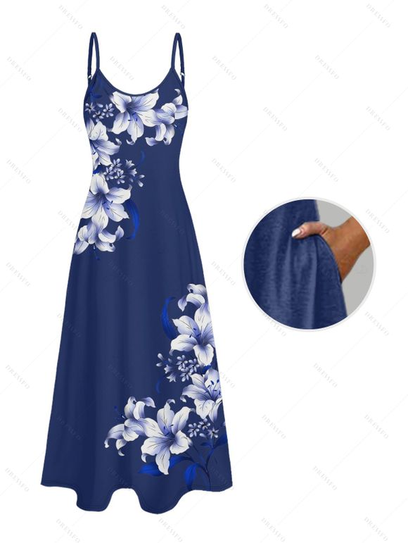 Robe de vacances décontractée à bretelles spaghetti et motif floral et feuilles de lys - Bleu profond XXL | US 14