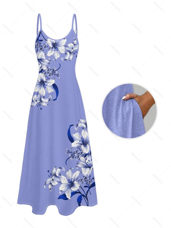 Robe de vacances décontractée à bretelles spaghetti et motif floral et feuilles de lys - Pourpre M | US 6