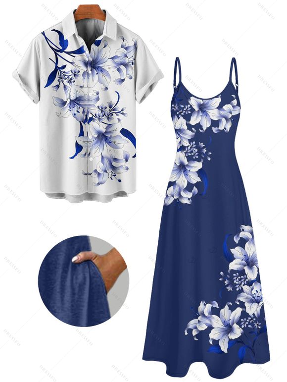Vacation Couple Outfit Lily Floral Leaf Pattern Pocket Spaghetti Strap A Line Long Tank Dress and Button Up Shirt Casual Matching Outfit - Bleu profond S | US 4