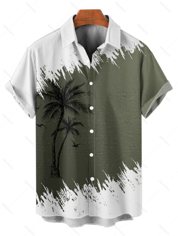 Chemise de vacances à manches courtes et boutons pour homme, décontractée, à motif cocotier, couleur contrastée - Vert profond 3XL