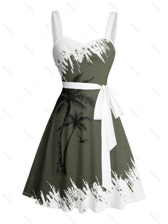 Robe de vacances à motif de cocotiers de couleur contrastée, ceinture à buste froncé, col en cœur, mini robe décontractée trapèze - Vert profond S | US 4